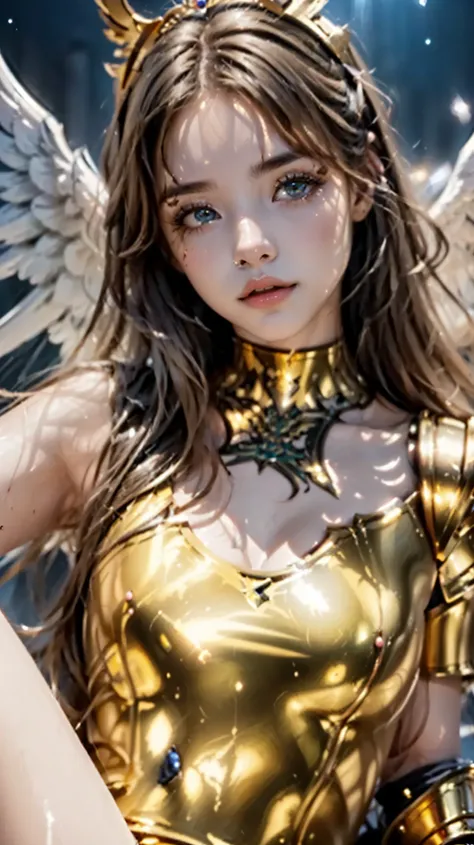  arafed woman in the Golden Armor with a sword, Angelic Golden Armor , angel knight girl,  Knights of the Zodiac, angel in plastic armor, wearing golden armor, garota de armadura, wearing golden armor, armadura dourada, golden armor, light Golden Armor , l...