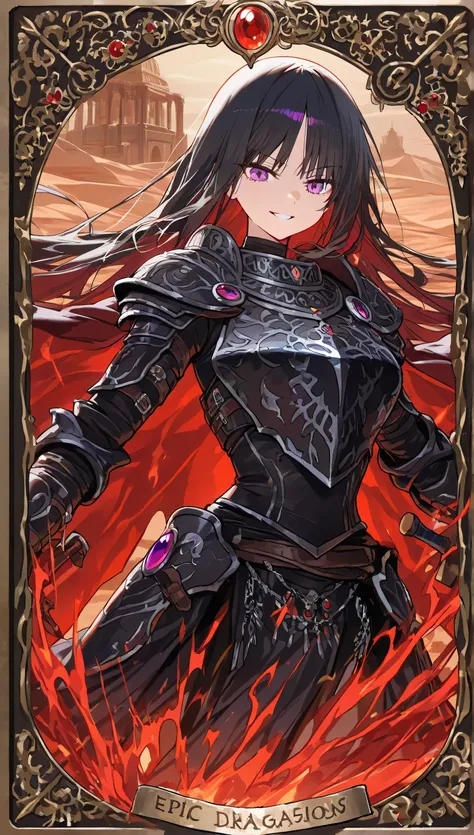 llustration style,(masterpiece, best quality), highly detailed fantasy illustration, epic scene of a black-haired female warrior in black arabic armor, thrusting a massive buster sword into the chest of a roaring black monster, her eyes locked fiercely on ...