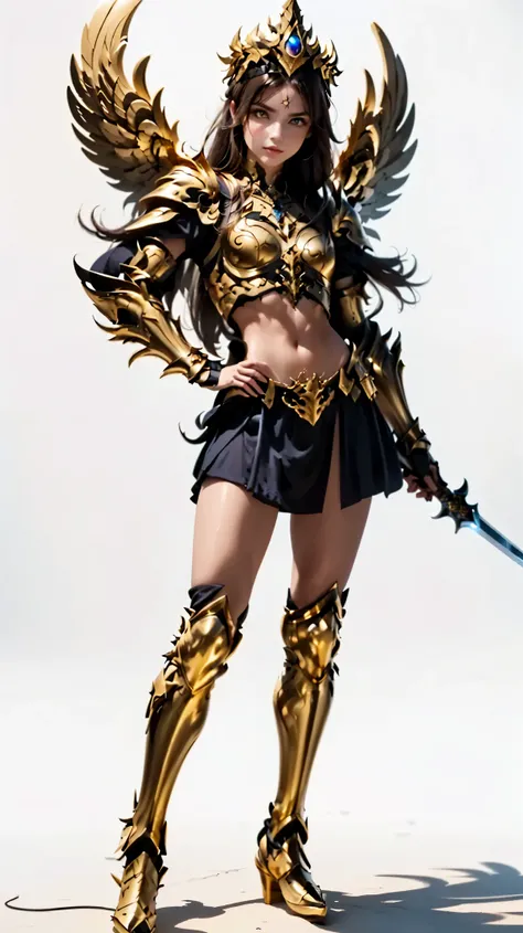  arafed woman in the Golden Armor with a sword, Angelic Golden Armor , angel knight girl,  Knights of the Zodiac, angel in plastic armor, wearing golden armor, garota de armadura, wearing golden armor, armadura dourada, golden armor, light Golden Armor , l...