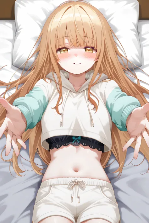 Mahiru Shiina: cropped hoodie, white shorts,  reaching towards viewer on back, lying, outstretched arms, looking at viewer, parted lips, blush, torogao, reaching towards viewer, on back, on bed, pillow, lingerie, cowboy shot, smile