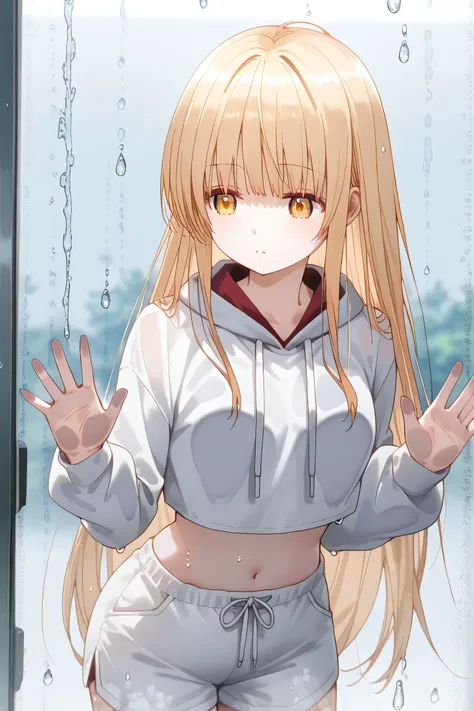 Mahiru Shiina: cropped hoodie, white shorts, condensation, hand on glass, blurry, water drop