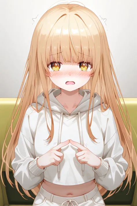 Mahiru Shiina: cropped hoodie, white shorts,  fidgeting index fingers together, index fingers together, open mouth, looking at viewer, fidgeting, blush, tearing up, upper body