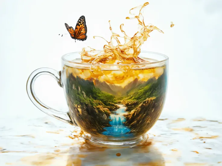 A photo of a clear glass teacup filled with a mesmerizing gradient liquid. The liquid transitions from warm amber hues to cool blues, revealing a detailed miniature landscape of a river winding through lush green mountains. Above the cup, a vibrant, abstra...
