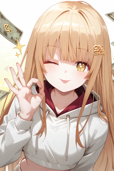 Mahiru Shiina: cropped hoodie, white shorts, money gesture, smile, tongue out, looking at viewer, money eyes, sparkling, ok sign, one eye closed, upper body, money, yen sign, dollar sign, hand up, masterpiece, absurdres,