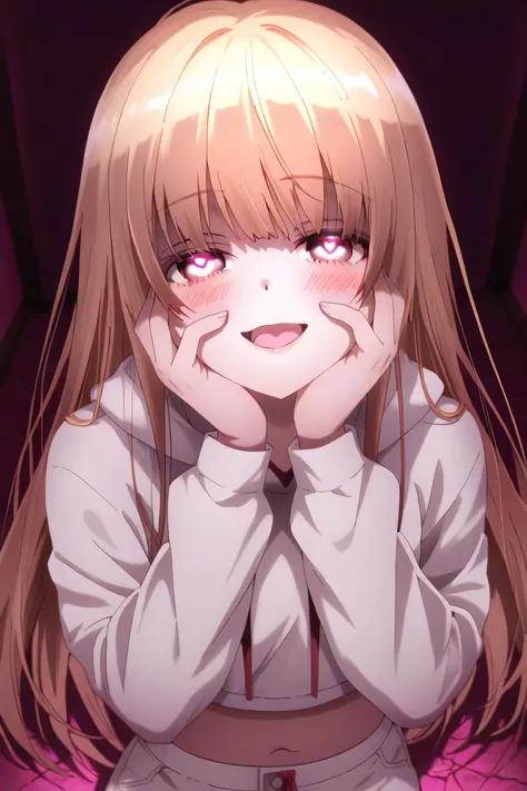 Mahiru Shiina: cropped hoodie, white shorts,  yandere trance, yandere, hands on own cheeks, hands on own face, crazy eyes, crazy smile, crazy, heart-shaped pupils, glowing eyes, symbol-shaped pupils, hand on own face, open mouth, glowing, blush, looking at...