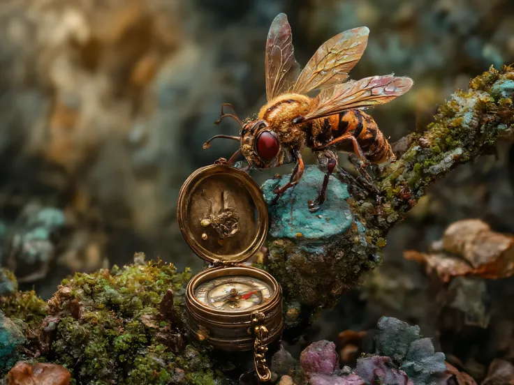 A glossy bee with iridescent wings perches delicately on a dew-kissed mossy twig, clutching an antique compass. This captivating image combines the geometric precision of Constructivism with the lyrical abstraction of Paul Klee, set against a backdrop of A...