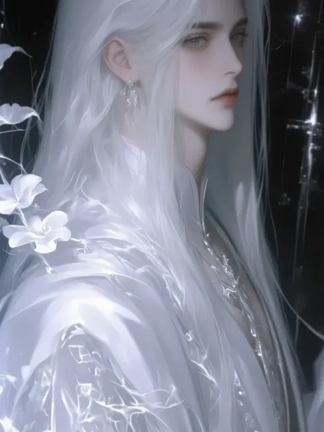 a handsome man with long hair antique black hair,a handsome man with long hair, an ancient brunette in a fairy-looking white Hanfu, traditional Chinese clothing , Double eyelids,Japanese Manga Style,white hanbok