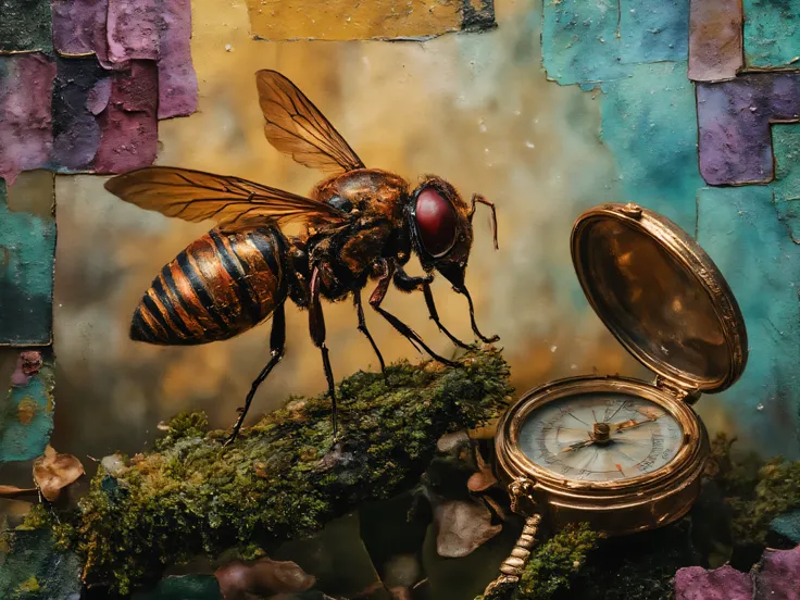 A glossy bee with iridescent wings perches delicately on a dew-kissed mossy twig, clutching an antique compass. This captivating image combines the geometric precision of Constructivism with the lyrical abstraction of Paul Klee, set against a backdrop of A...