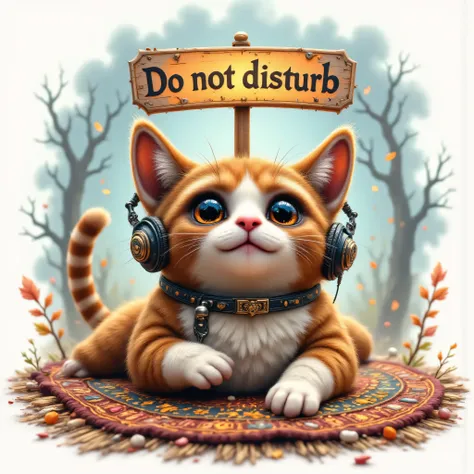 (((T-shirt Print, Sticker, Logo))), (((funny cartoon cat in Pixar style))), with big headphones, lying on his rug with a "Do Not Disturb" sign above him, (((3D vector graphics in Pixar style))), clean lines, (((minimalistic style))), pastel color palette, ...