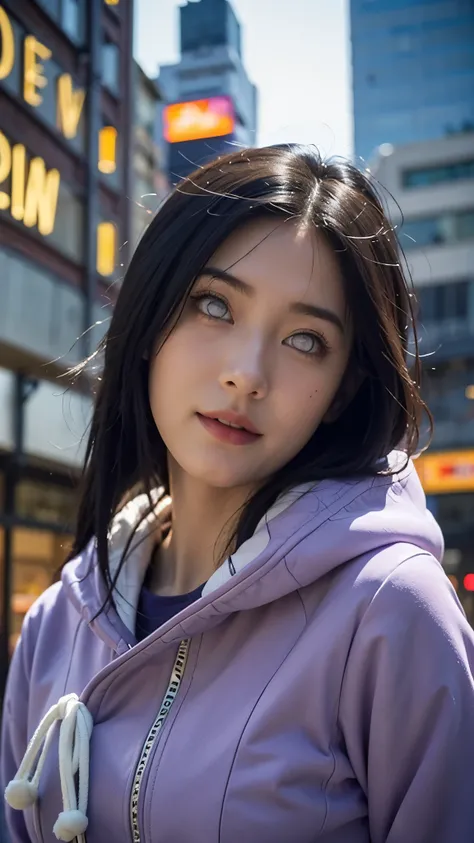 Close-up portrait of a beautiful real-life woman resembling Hyuga Hinata from Naruto Shippuden, with long dark indigo hair styled exactly like in the anime, pale lavender eyes without pupils, and a gentle, shy smile. She is wearing her detailed anime outfi...