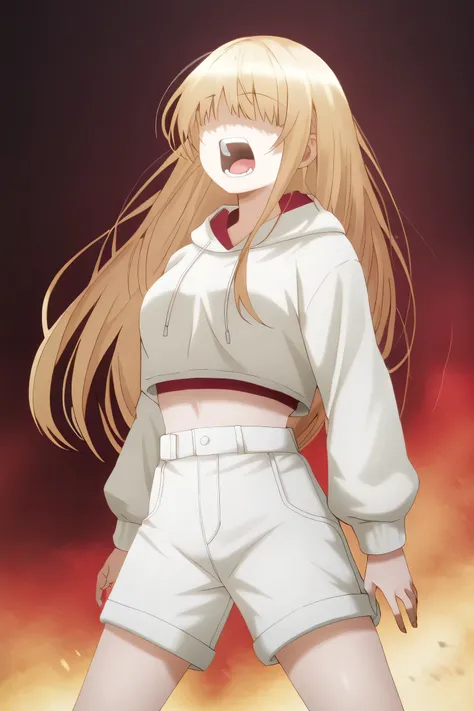 Mahiru Shiina: cropped hoodie, white shorts, Gohanscreamss2,dramatic pose, powerful pose, legs apart, fistsclenched at sides, SCREAM, Open mouth, teeth,head is tilted back, mouth wide open, hidden eyes, upward head,raw face expression,hair flared upwards,