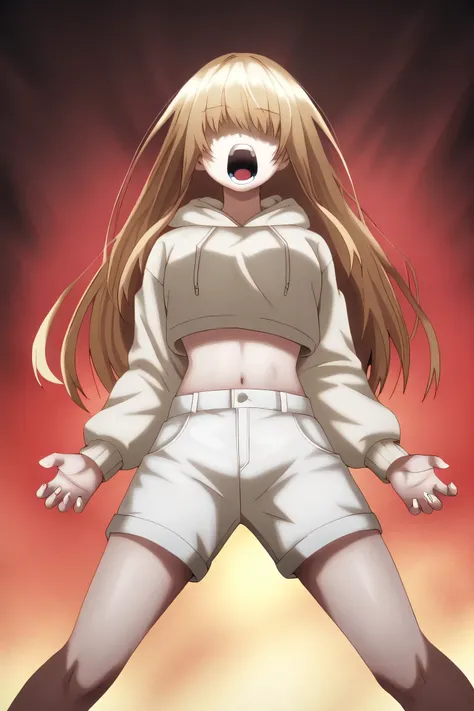 Mahiru Shiina: cropped hoodie, white shorts, Gohanscreamss2,dramatic pose, powerful pose, legs apart, fistsclenched at sides, SCREAM, Open mouth, teeth,head is tilted back, mouth wide open, hidden eyes, upward head,raw face expression,hair flared upwards,