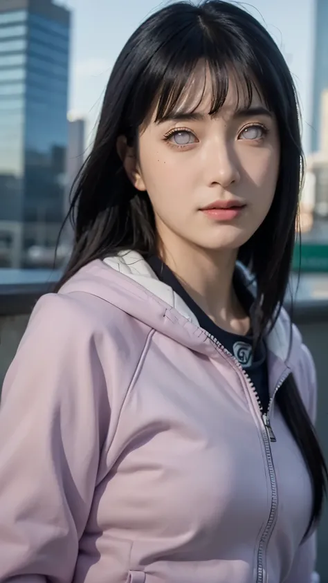 Close-up portrait of a beautiful real-life woman resembling Hyuga Hinata from Naruto Shippuden, with long dark indigo hair styled exactly like in the anime, pale lavender eyes without pupils, and a gentle, shy smile. She is wearing her detailed anime outfi...