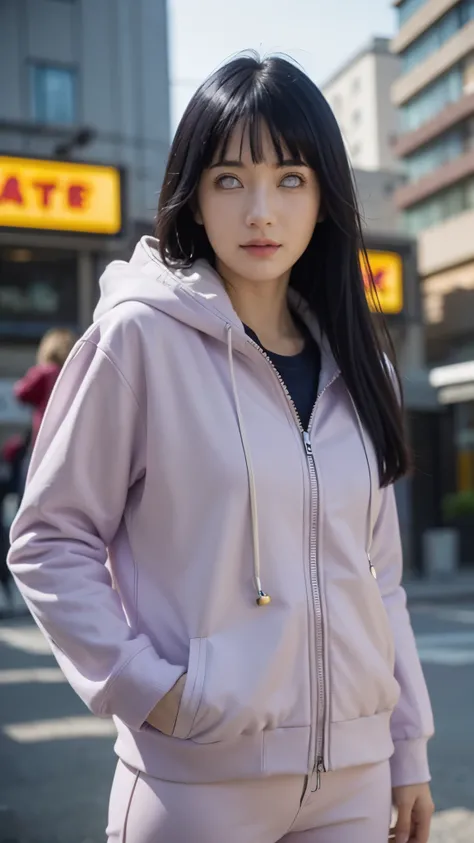 Close-up portrait of a beautiful real-life woman resembling Hyuga Hinata from Naruto Shippuden, with long dark indigo hair styled exactly like in the anime, pale lavender eyes without pupils, and a gentle, shy smile. She is wearing her detailed anime outfi...