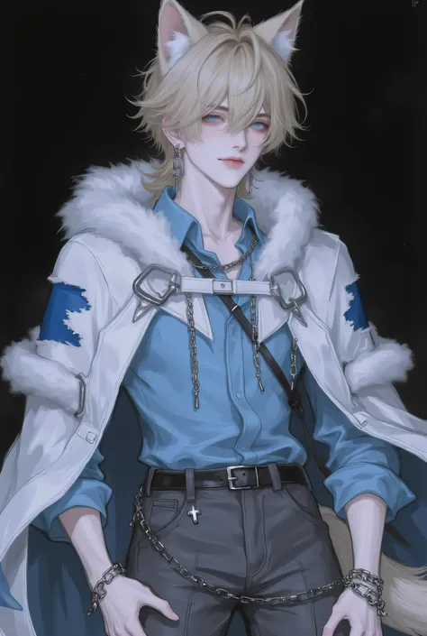 Uomo, Short blonde hair, long disheveled bangs, Medioevo fantasy, stile occidentale, occhi azzuri, dark background up to the face only,  young Uomo, blonde wolf ears, coda pellosa, silver earrings, chain leash around the neck, winter cape in white and ligh...