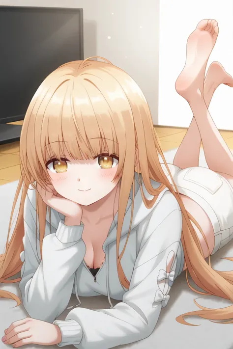 Mahiru Shiina: cropped hoodie, white shorts,  the pose, on stomach, feet up, lying, soles, feet, legs up, head rest, barefoot, cleavage, ass, looking at viewer, smile, blush,
