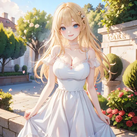 The Rose Garden and the Princess, princess dress ,Blonde hair, large breasts,(happy smile, cowboy shot),