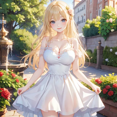 The Rose Garden and the Princess, princess dress ,Blonde hair, large breasts,(happy smile, cowboy shot),