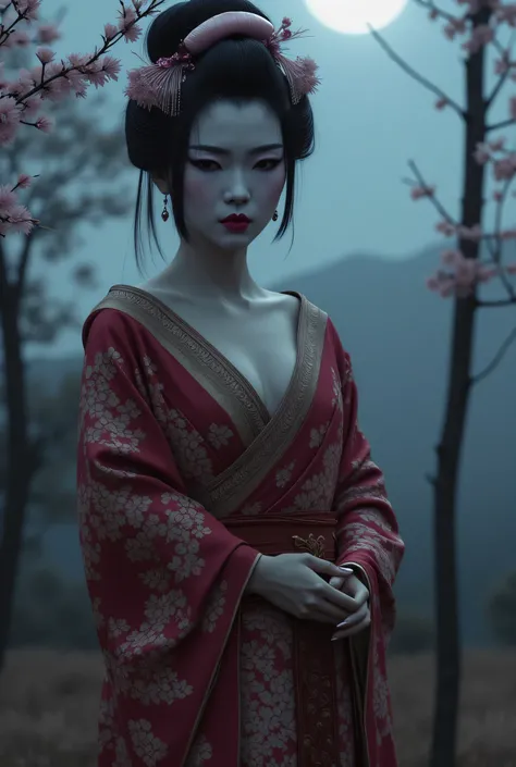 Asian Geisha Girl, beautiful face, Kimono, perfect breasts, cleavage, perfect body, Japanese forest, cherry blossom, nighttime, foggy, Japanese mountains background, sexy, seductive, high detail, masterpiece.