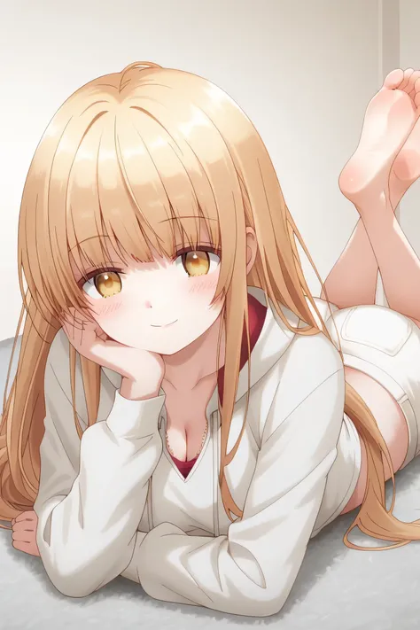 Mahiru Shiina: cropped hoodie, white shorts,  the pose, on stomach, feet up, lying, soles, feet, legs up, head rest, barefoot, cleavage, ass, looking at viewer, smile, blush,