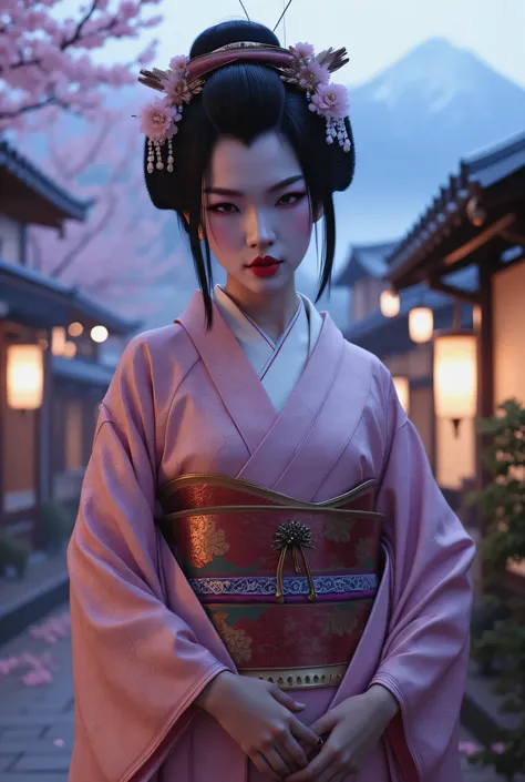 Asian Geisha Girl, beautiful face, Kimono, perfect breasts, cleavage, perfect body, Japanese village, cherry blossom, nighttime, foggy, Japanese mountains background, surreal fantasy, sexy, seductive, high detail, masterpiece.
