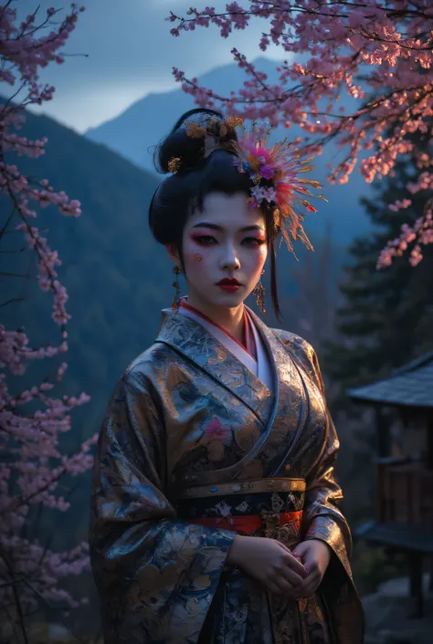 Asian Geisha Girl, beautiful face, Kimono, perfect breasts, cleavage, perfect body, Japanese forest, cherry blossom, nighttime, foggy, Japanese mountains background, sexy, seductive, high detail, masterpiece.