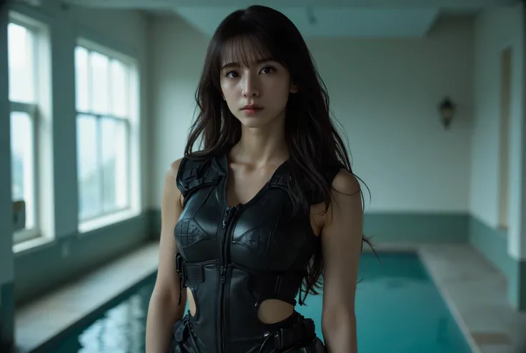 (((Future City Pool:2.0))),((Pool of milk:2.0)),(((HR gigger style cyberpunk atmosphere:2.0))),(((Holding a cyberpunk-like Japanese sword:2.0))),standing in the teacher's house,one woman,(cute face:1.5),(Beautiful well-balanced face :1.5),(Wavy Black Hair:...