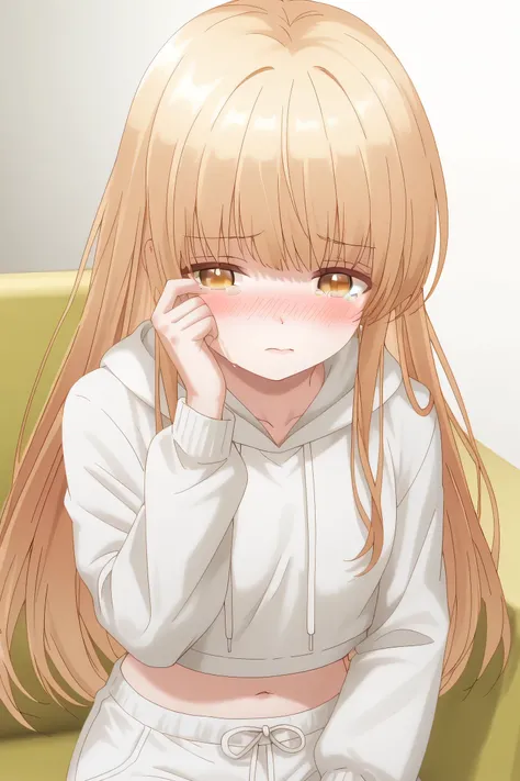 Mahiru Shiina: cropped hoodie, white shorts, Wiping Tears While Blushing