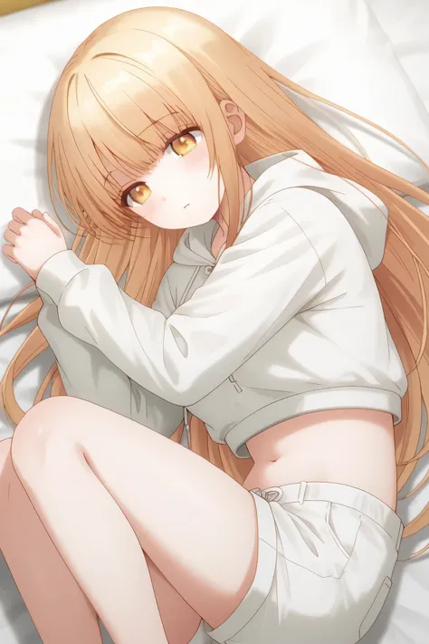 Mahiru Shiina: cropped hoodie, white shorts, fetal_position