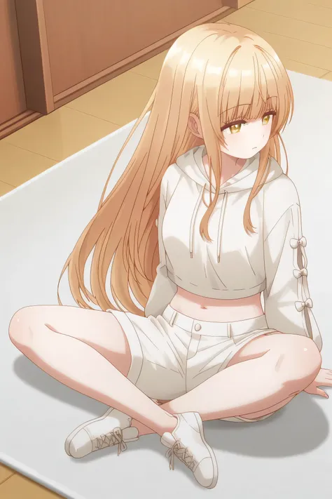 Mahiru Shiina: cropped hoodie, white shorts, sitting, indian style, lotus position, full body