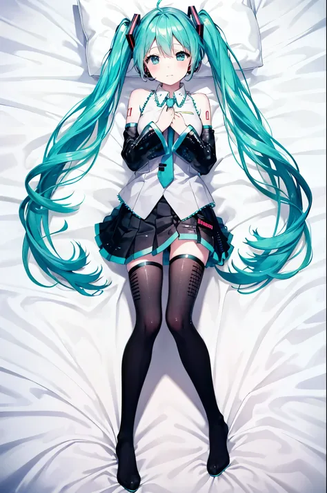Hatsune Miku, bed, white sheets, Lie on your back, Angle above , embarrassed, Full Body