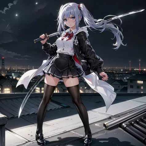 (blade left hand),(blade right hand),high quality、Ultra-detailed、masterpiece、accurate hand depiction、Accurate katana shape、with red katana in one hand、Elegant、 Silver Hair、Medium Twin Tails、blue eyes、white skin、Petite、Slim、serious face、big boobs、cute、Full ...
