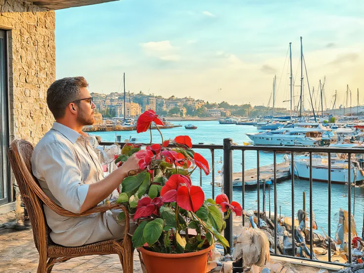 A detailed marker line art illustration depicts a contemplative "ohwx man" seated comfortably in a weathered rattan chair on a balcony overlooking the Herzliya marina in Israel. He gently embraces a vibrant pot of Anthurium 'Amalia Elegance', its glossy, h...