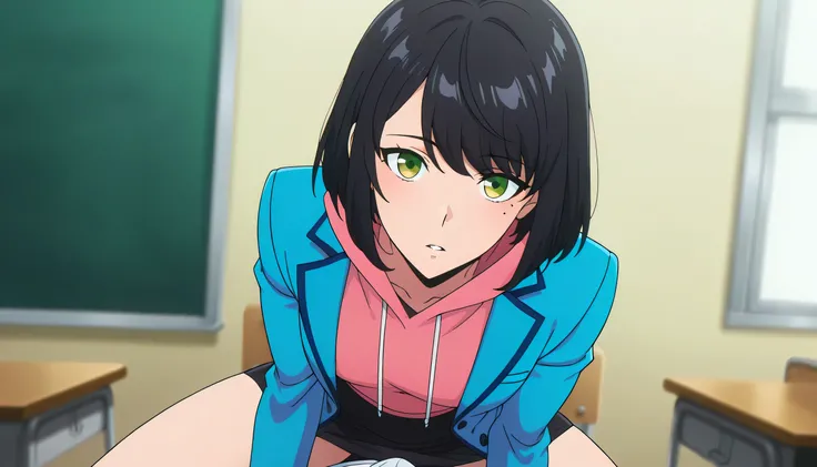 anime screencap, masterpiece, best quality,

1girl, 1man,erection , parted lips,
medium hair, black hair, swept bangs, green eyes, mole under eye,
SongYiSchool, blazer, open jacket, blue jacket, pink hoodie, pencil skirt, black skirt,
sitting,cowgirl posit...