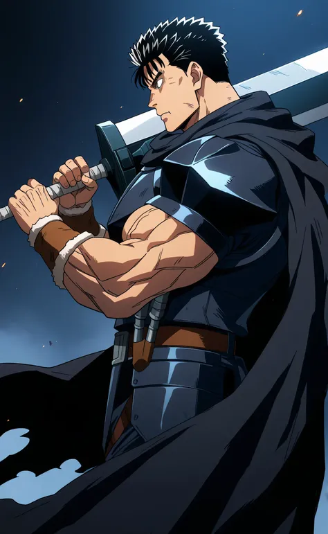 1male,solo,Guts,short hair,black hair,cool face,bIg muscle,armor suit,black cape,1weapons,big sword,