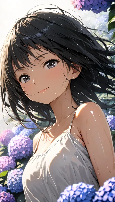 masterpiece, best quality, ultra-detailed, 8k, high resolution, Gentle colors, soft focus, dreamy background, White background, Hydrangea background, Delicate and dynamic, light rain, The wind is blowing, 1 girl, Long white camisole dress, Wet and shiny bl...