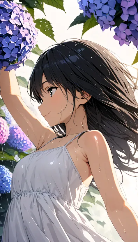 masterpiece, best quality, ultra-detailed, 8k, high resolution, Gentle colors, soft focus, dreamy background, White background, Hydrangea background, Delicate and dynamic, light rain, The wind is blowing, 1 girl, Long white camisole dress, Wet and shiny bl...