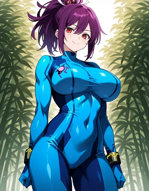 傑作、best quality、best resolution、best image quality、amazing quality、 very aesthetic、 absurdres、anime coloring、anime screencap、1girl、jigoku yuzuriha、、yuzuriha、female focus、purple hair、medium hair、ponytail hair、hair ornament、red eyes、covered breasts、big breas...