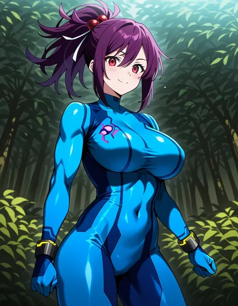 傑作、best quality、best resolution、best image quality、amazing quality、 very aesthetic、 absurdres、anime coloring、anime screencap、1girl、jigoku yuzuriha、、yuzuriha、female focus、purple hair、medium hair、ponytail hair、hair ornament、red eyes、covered breasts、big breas...