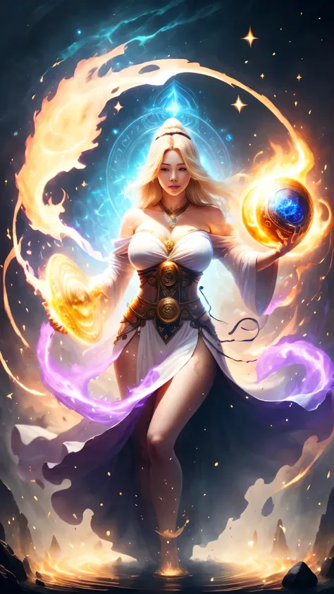 Immortal Asian goddess, super beautiful, 8k, large breasts, standing with 1 leg, light white cloth covering part of her body, bare shoulders, billowing blonde hair, golden glowing magic circle rotating behind her, magical aura surrounding her parts, magica...