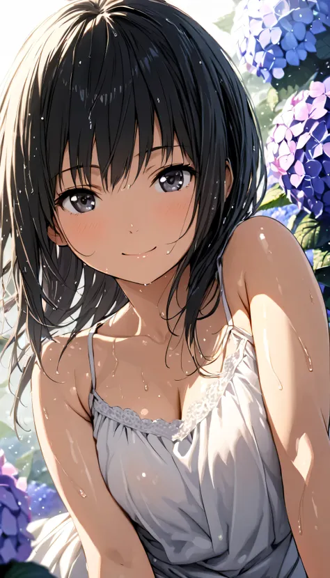 masterpiece, best quality, ultra-detailed, 8k, high resolution, Gentle colors, soft focus, dreamy background, White background, Hydrangea background, Delicate and dynamic, light rain, The wind is blowing, 1 girl, Long white camisole dress, Wet and shiny bl...