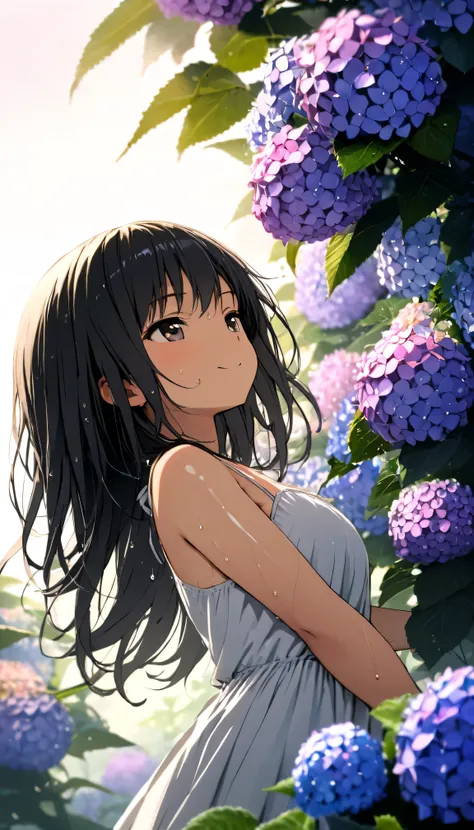 masterpiece, best quality, ultra-detailed, 8k, high resolution, Gentle colors, soft focus, dreamy background, White background, Hydrangea background, Delicate and dynamic, light rain, The wind is blowing, 1 girl, Long white camisole dress, Wet and shiny bl...
