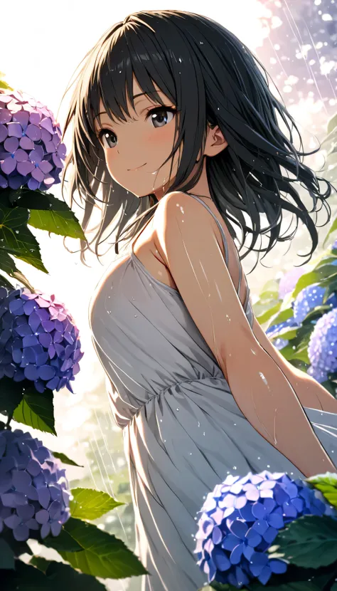 masterpiece, best quality, ultra-detailed, 8k, high resolution, Gentle colors, soft focus, dreamy background, White background, Hydrangea background, Delicate and dynamic, light rain, The wind is blowing, 1 girl, Long white camisole dress, Wet and shiny bl...