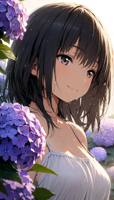 masterpiece, best quality, ultra-detailed, 8k, high resolution, Gentle colors, soft focus, dreamy background, White background, Hydrangea background, Delicate and dynamic, light rain, The wind is blowing, 1 girl, Long white camisole dress, Wet and shiny bl...