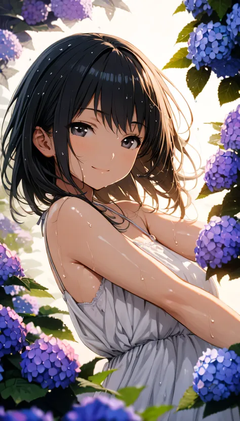 masterpiece, best quality, ultra-detailed, 8k, high resolution, Gentle colors, soft focus, dreamy background, White background, Hydrangea background, Delicate and dynamic, light rain, The wind is blowing, 1 girl, Long white camisole dress, Wet and shiny bl...