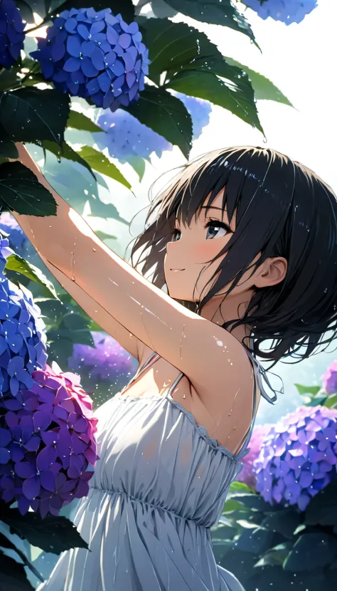 masterpiece, best quality, ultra-detailed, 8k, high resolution, Gentle colors, soft focus, dreamy background, White background, Hydrangea background, Delicate and dynamic, light rain, The wind is blowing, 1 girl, Long white camisole dress, Wet and shiny bl...