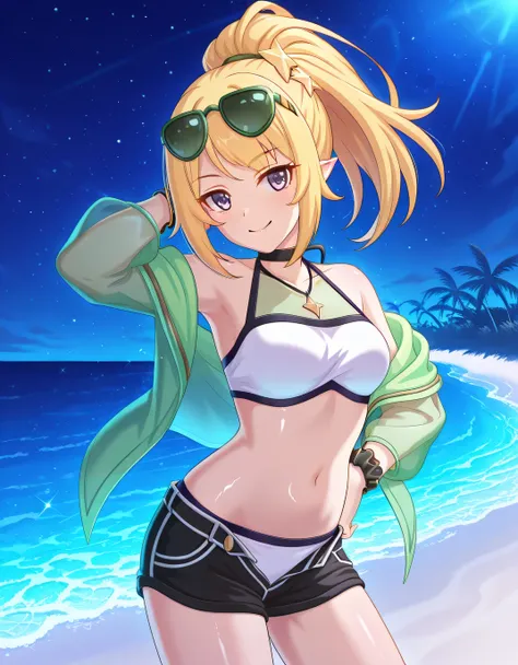 chloewinterPCR, long hair,blonde hair, hair ornament, navel, bare shoulders, purple eyes, jacket, swimsuit, ponytail, sidelocks, bikini, thighs, open clothes, pointy ears, midriff, off shoulder, stomach, open jacket, short shorts, halterneck, black choker,...