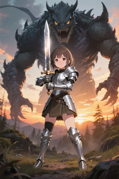 top quality、anime style、masterpiece、petite female warrior、Silver Armor、holds a sword with both hands、teary eyes、shivering、Strong expression、stand in front of giant monsters、Sunset Wilderness 、realistic composition、cute