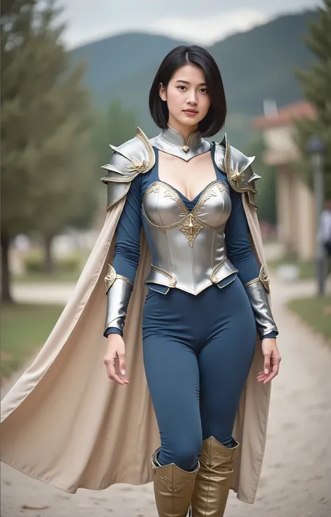 A woman dressed in a fantasy-inspired iron armor set stands prominently. slender skinny body. small breasts. small chest.  small breast.  short hair. knight medieval iron armor with open small tiny breast. . Her attire features a silver and gold breastplat...