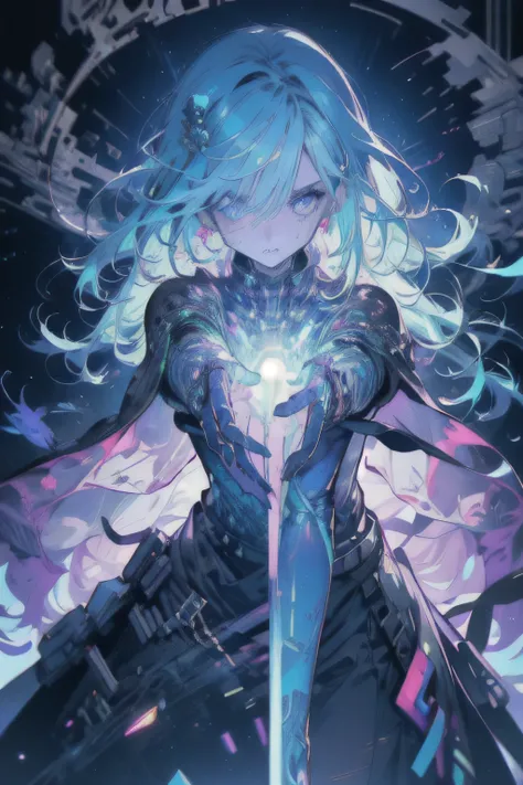 ((best quality)), ((masterpiece)), (detailed), 1boy, A highly detailed close-up, futuristic cyborg with a glowing cybernetic eye, displaying augmented reality data streams and holographic projections. The eye emits a soft neon glow in shades of blue and pu...